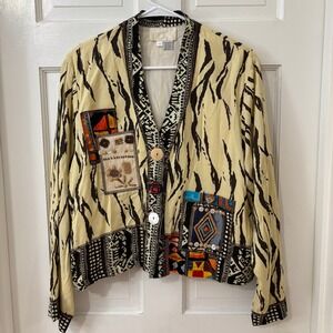 VTG Cache Boxy Y2K L Button Aztec Patchwork Embellished Tribal Southwestern Top‎